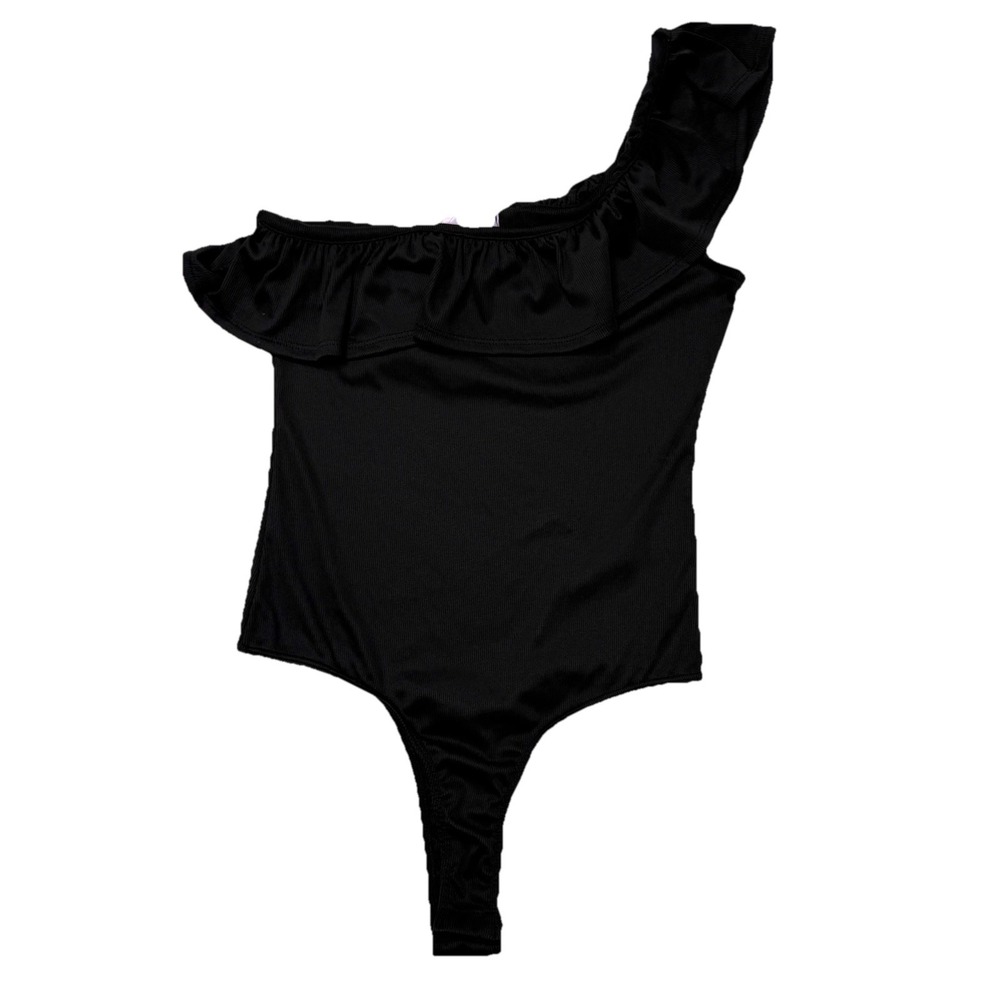 Wisteria Lane Black Bodysuit Ruffled Asymmetrical Top Sz L Ribbed One-Shoulder